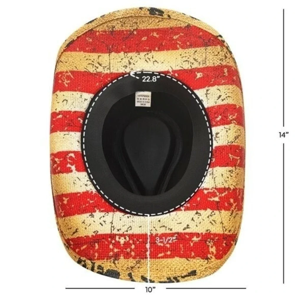 Tea Stained Vintage Paper Straw American Flag Fashion‎ Cowboy Hat NWT